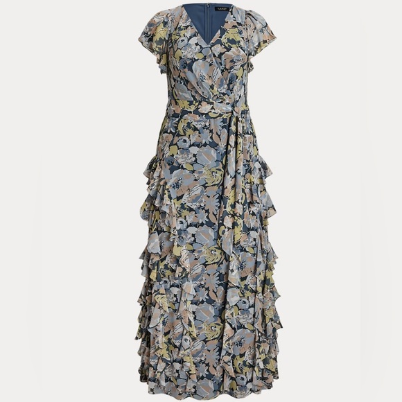 RALPH LAUREN 2025 Blue Floral Ruffle-trim Georgette Gown 16W - Picture 6 of 6